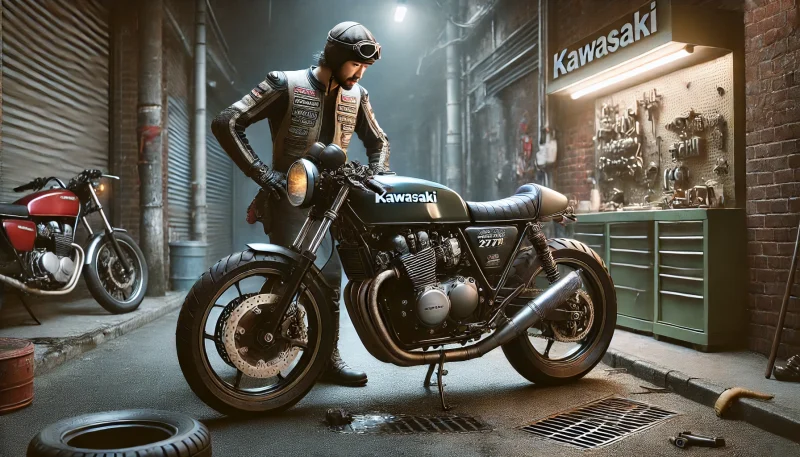 マッハ仕様にカスタムされたカワサキ 250TR。ライダーがエンジンを点検し、カスタムによるトラブルを気にしている様子。