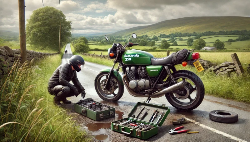 田舎道で故障したカワサキ 250TR。ライダーが膝をつきながらエンジンを点検し、修理のために工具を取り出している。