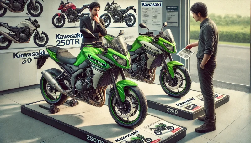 異なる年式のカワサキ 250TRを比較する購入希望者。エンジンやデザインの違いを確認しながら、販売員が説明している。