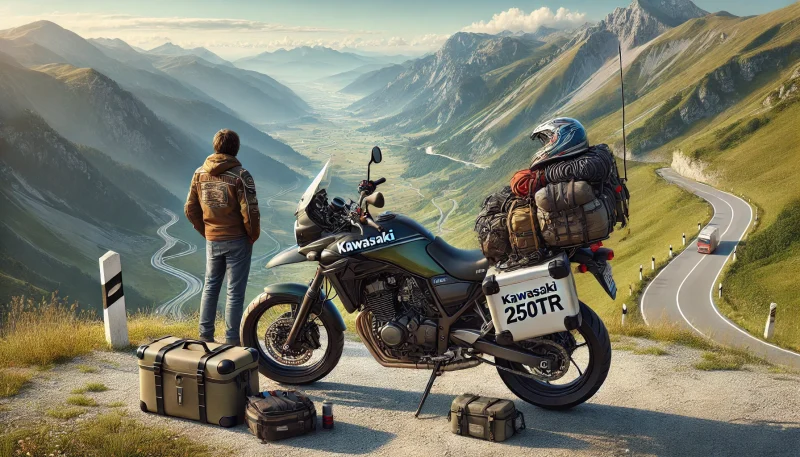 カワサキ 250TRが山道の展望スポットに停車。ツーリング装備を積み込み、ライダーが壮大な景色を眺めている。