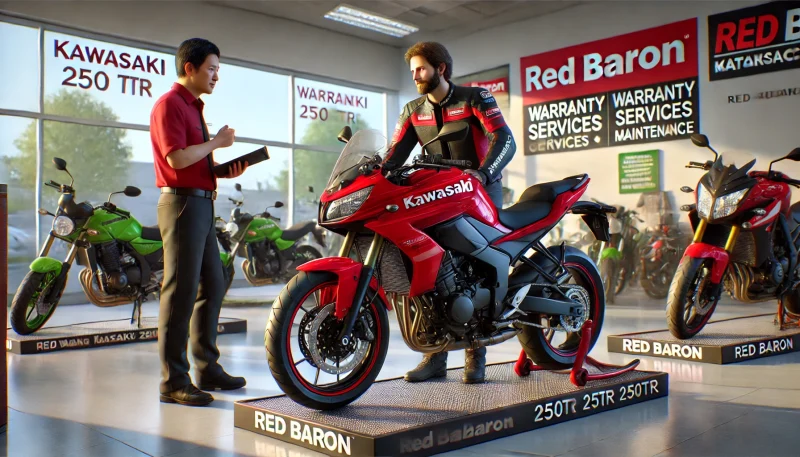 レッドバロンのショールームで展示されるカワサキ 250TR。販売員が購入希望者に保証やメンテナンスについて説明している。