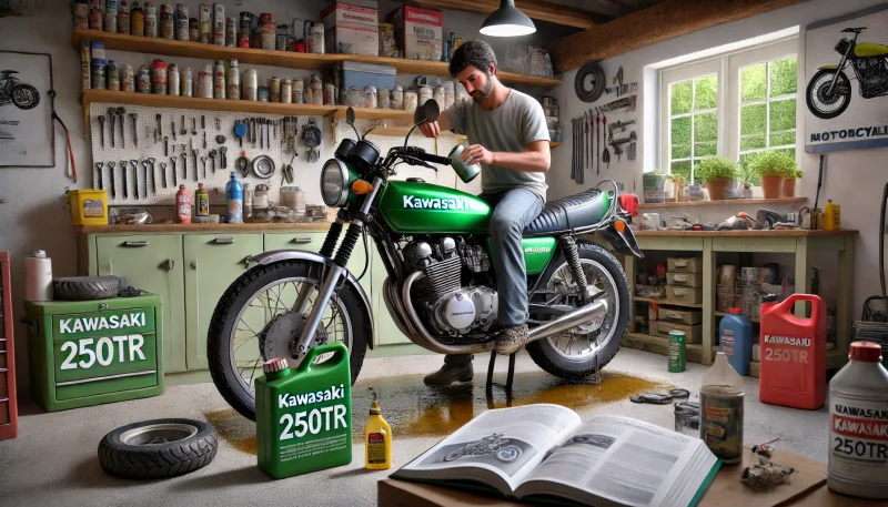 自宅ガレージでカワサキ 250TRを整備するライダー。オイル交換を行い、近くには整備マニュアルや工具が揃っている。