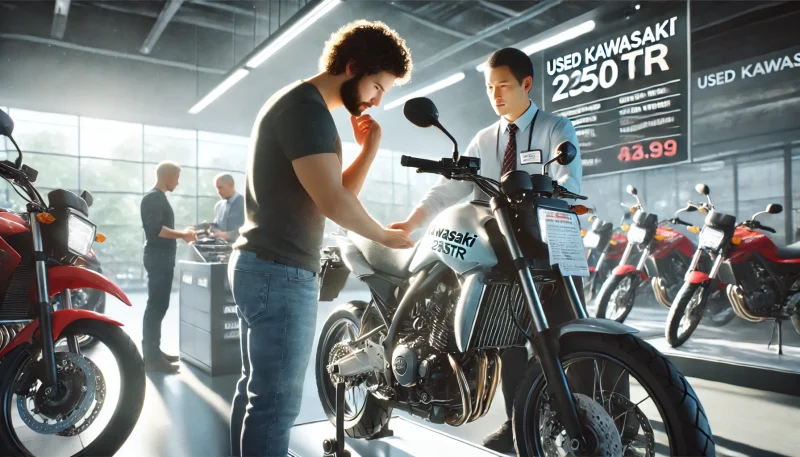 中古バイクショップでカワサキ 250TRを点検する購入希望者。エンジンやフレームをチェックし、販売員が説明している。