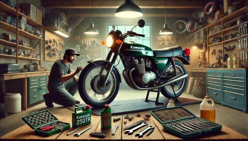 ガレージで整備中のカワサキ 250TR。整備士がキャブレターを調整し、燃料系統を点検している。周囲には工具やオイル缶が並ぶ。