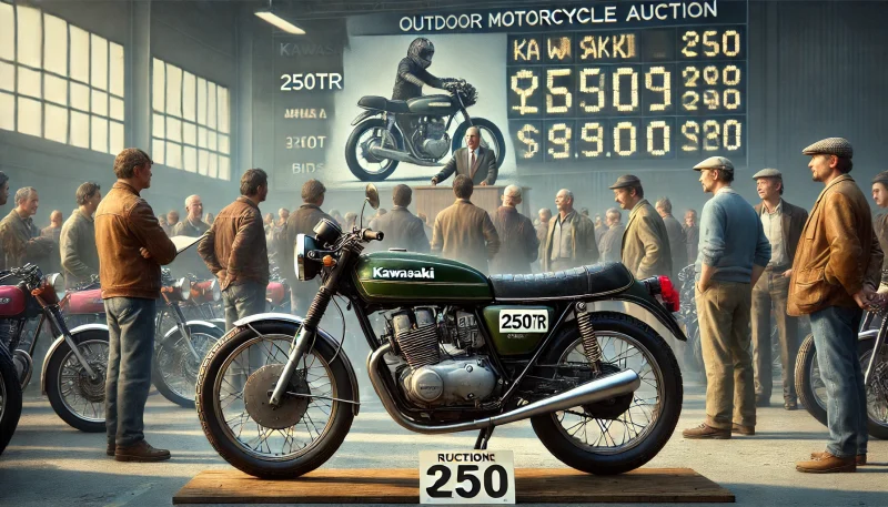 オークション会場で高値がつくカワサキ 250TR。多くの購入希望者が集まり、価格上昇の兆候を示すデジタル表示がある。