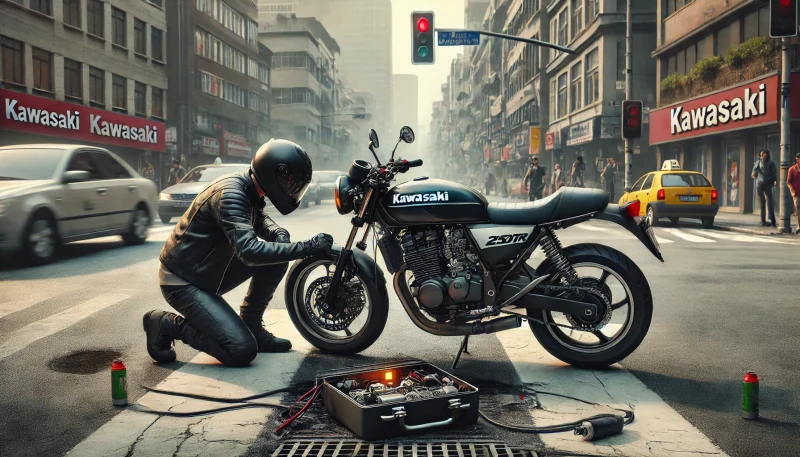 信号待ちでエンストしたカワサキ 250TR。ライダーが焦りながらエンジンの点火や燃料バルブを確認している様子