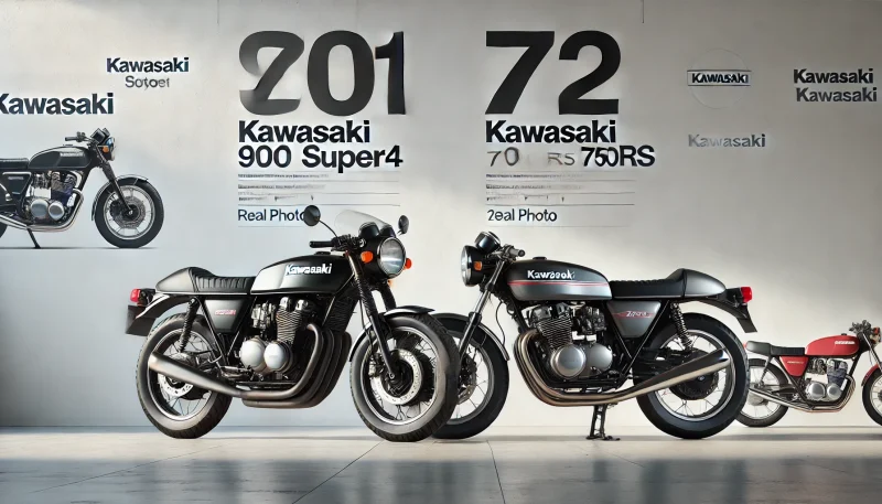 Z1とZ2の正式名称を比較する2台のバイクが並ぶショールーム風画像。