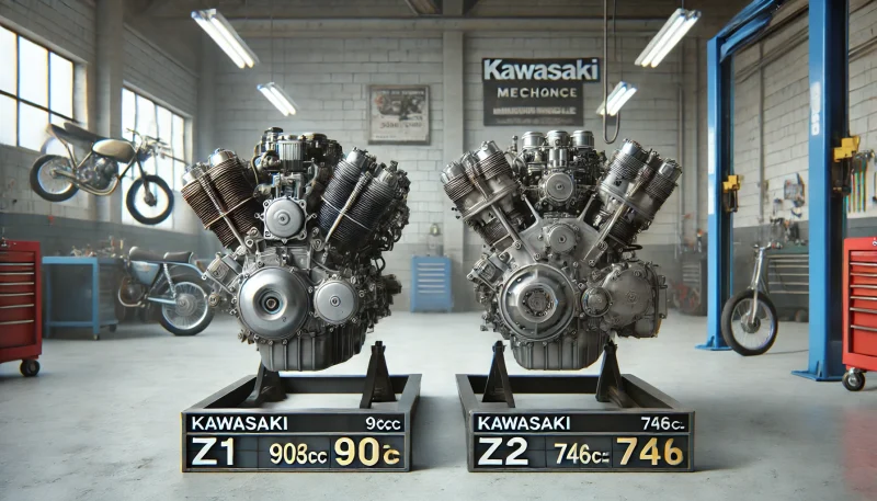 Z1とZ2のエンジンを並べて比較したメカニック作業場での実写風画像。