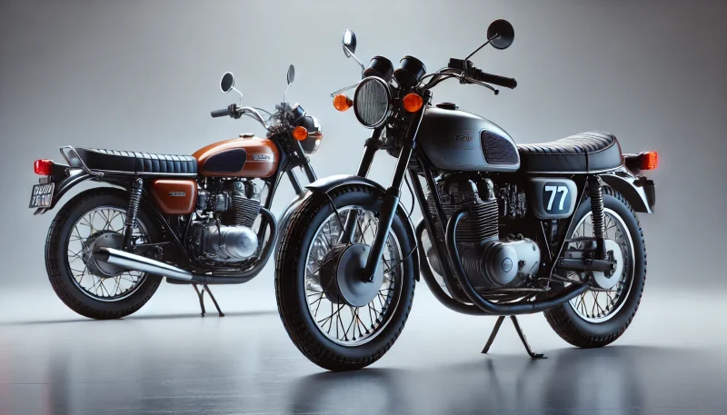 海外仕様と国内仕様のクラシックバイクが並び、細かなデザインの違いを際立たせた実写風画像。