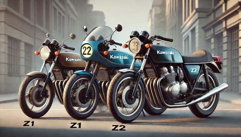Z1・Z2・ゼファー風の3台のバイクが街中で並び、それぞれのデザインの違いがわかる画像。