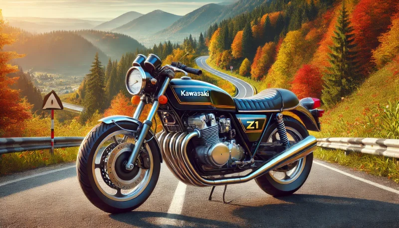 秋の山道を背景にしたZ1風バイクの美しい走行イメージ、レトロで力強い印象。