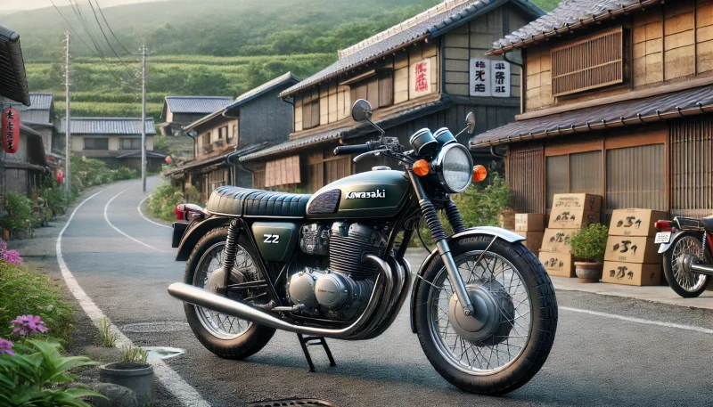 Z2風のクラシックバイクが田舎の店舗前に停車している、落ち着いた雰囲気の実写風画像。