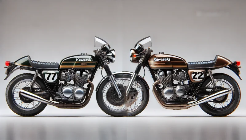 Z1とZ2風のクラシックバイクが並び、外観デザインの違いを視覚的に示したスタジオ撮影風画像。