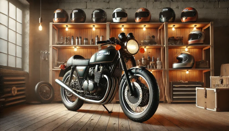 Z1風バイクが木棚のあるクラシックなバイクショップに展示されている落ち着いた雰囲気の画像。