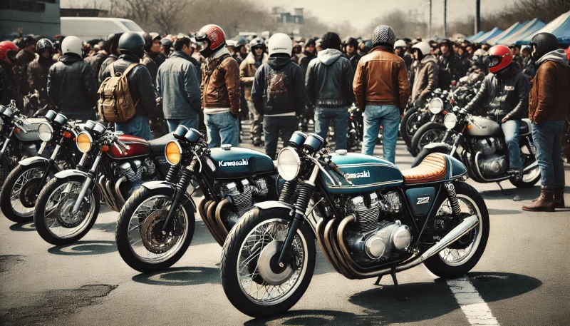 Z1とZ2風バイクを囲んで人々が集まる日本のビンテージバイクミートの様子。