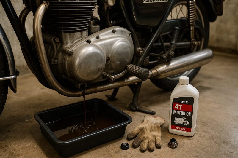 クラシックなカワサキW3のオイル交換作業中、オイルがドレンボルトから受け皿に流れ出る様子をリアルに捉えた16:9構図の写真。手袋とオイルボトルが整備のリアルさを演出。