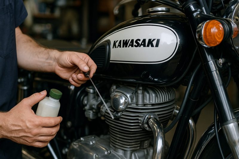 カワサキW3の整備中、整備士がディップスティックでオイル量を確認しながらエンジン付近を点検しているフォトリアルな16:9構図の写真。光沢ある燃料タンクと金属エンジンがリアルに表現されている。
