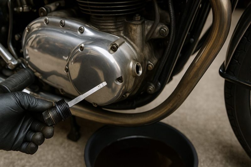 カワサキW1SAのオイル交換時、整備士がディップスティックを使ってオイルの色と量を確認する様子を写したフォトリアルな16:9構図の写真。金属の質感と作業現場のリアルさが際立つ。