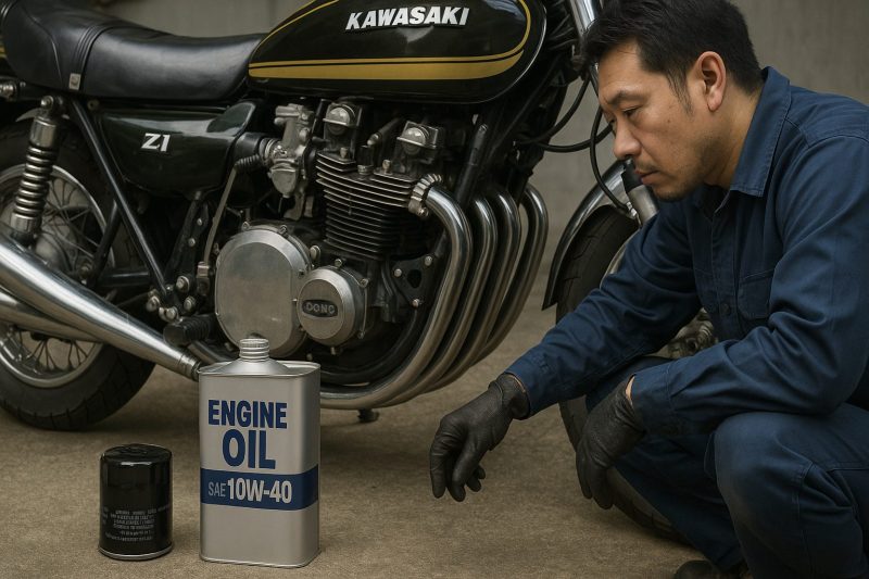日本人整備士がカワサキZ1のエンジン横でオイル缶とフィルターを確認しながら作業準備を進めている様子をリアルに表現した横長16:9構図の写真風画像。