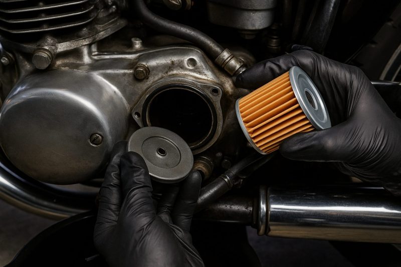 カワサキW3のエンジン右側で、整備士がオイルフィルターを交換している様子を写したフォトリアルな16:9構図の写真。金属の質感と作業中の手元がリアルに描写されている。