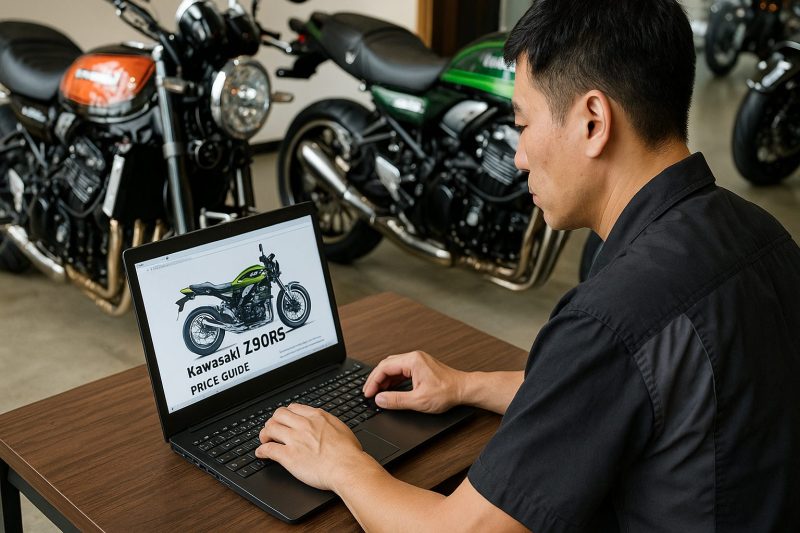 整備士がKawasaki Z900RSの価格表をノートPCで確認している様子を撮影した1920×1080のフォトリアル画像。背景には複数のZ900RSが並び、整備工場の落ち着いた雰囲気が漂っている。