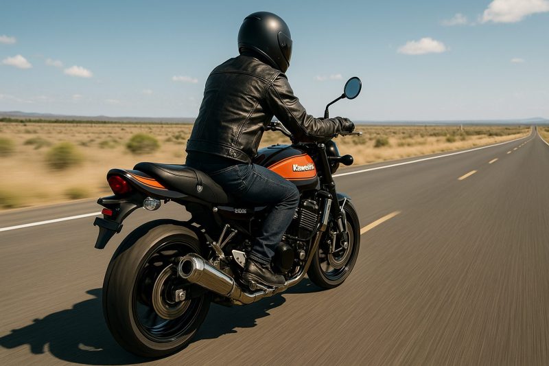 日本人ライダーがカワサキZ900RSで果てしなく続く直線道路を走る様子を捉えたリアル写真風画像。青空と遠くの地平線が航続距離の長さを象徴している構図。