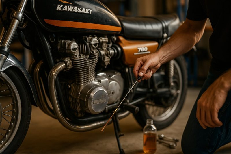 整備士がカワサキZ1のエンジン前でディップスティックを使い、オイル量を確認している様子を16:9構図でリアルに撮影した画像。温かみのある照明と金属質の質感が強調されている。