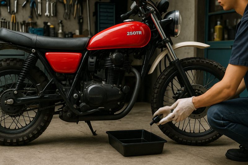 カワサキ250TRのオイル交換を行う日本人整備士が、ドレンボルトを緩めてオイルを排出する瞬間を16:9構図でリアルに撮影したフォトリアル写真。