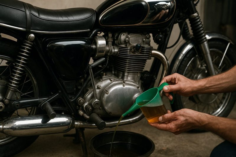カワサキWシリーズのクラッチオイル交換作業を行う整備士が、緑のジョウゴを使って琥珀色のオイルを注ぐ様子を撮影したフォトリアルな16:9構図の写真。メタリックなエンジンと反射光がリアルに再現されている。