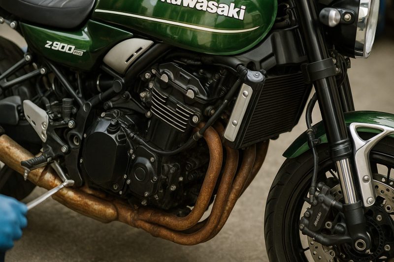 整備工場内でKawasaki Z900RSを点検する様子をリアルに描いた1920×1080のフォトリアル画像。メカニックが青い手袋でエンジン周辺を点検し、緑のタンクと金属パーツの質感がリアルに表現されている。