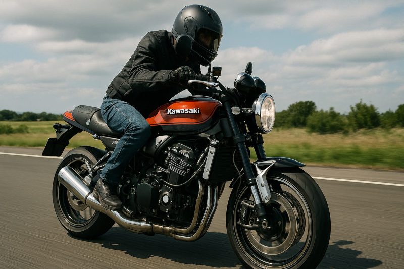 Kawasaki Z900RSがテストコースを高速で走行する様子をリアルに捉えた1920×1080の横長画像。黒いライディングギアのライダーが前傾姿勢で加速し、オレンジとブラックの車体が鮮明に映し出されている。