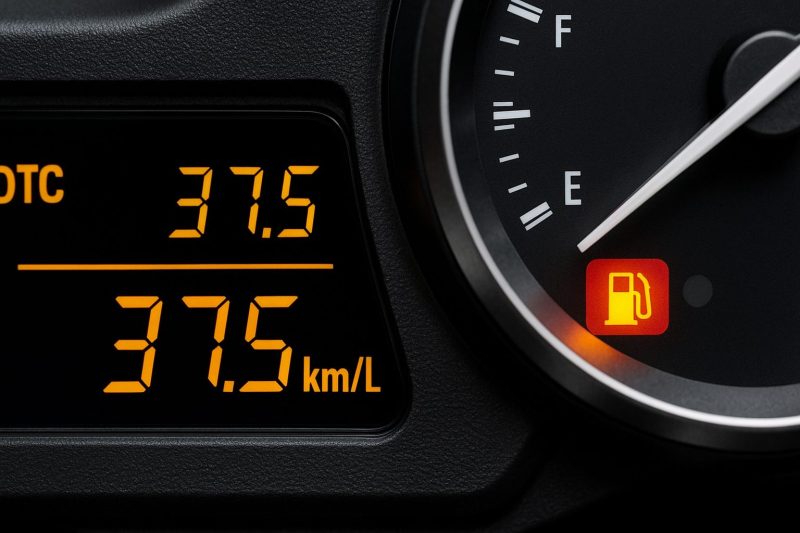 Z900RSのデジタルメーターをクローズアップで撮影したリアル写真風画像。燃料警告灯が点灯し、燃料残量の少なさを示すメーター表示を鮮明に捉えている。