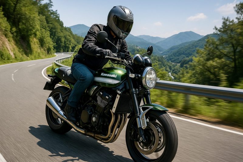 山間のワインディングロードをカワサキZ900RSで走る日本人ライダーを写したリアル写真風の16:9構図。晴天の自然光が燃費と走行条件の関係を象徴的に表現している