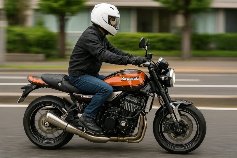 日本人ライダーがカワサキZ900RSで市街地を滑らかに走行する様子を捉えたリアル写真風画像。スロットル操作と姿勢に気を配る省燃費走行を象徴している。