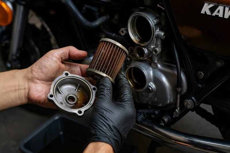 日本人整備士がカワサキZ1のオイルパンを外し、内部の汚れやスラッジを点検・清掃している様子をリアルに表現した横長16:9構図の写真風画像。