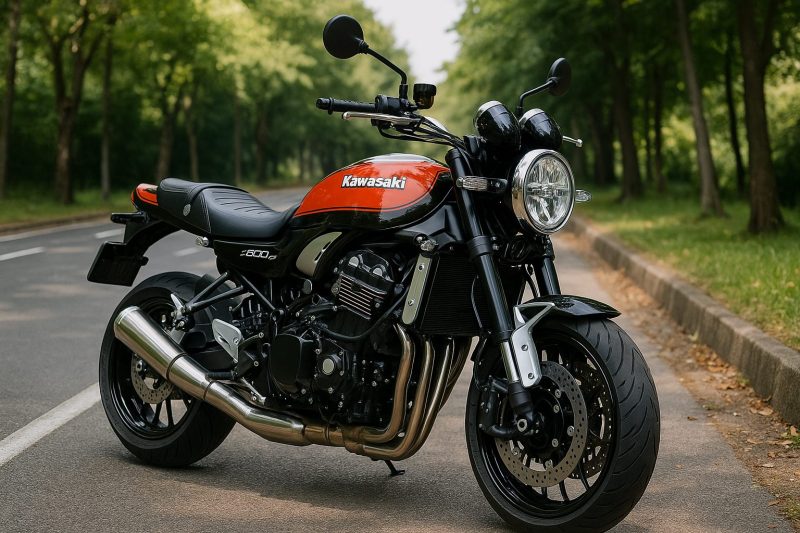 緑の並木道に停車したカワサキZ900RSをリアルに捉えた写真風画像。整備や燃費改善の意識を想起させる穏やかな自然光とクリーンな構図が特徴。