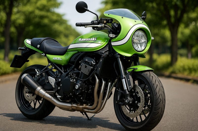 カワサキZ900RS CAFEが木々の並ぶ道路脇に停車している様子をリアルに描いた写真風画像。カウル形状とカラーリングが特徴的で、燃費やデザインの違いを象徴している。
