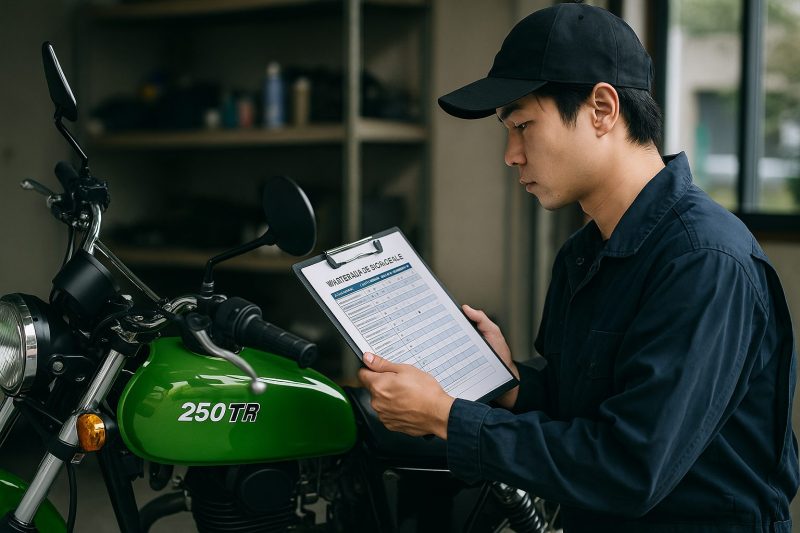 カワサキ250TRの横で日本人整備士が整備記録表を確認し、オイル交換時期を点検している様子をリアルな16:9構図で撮影したフォトリアル写真。