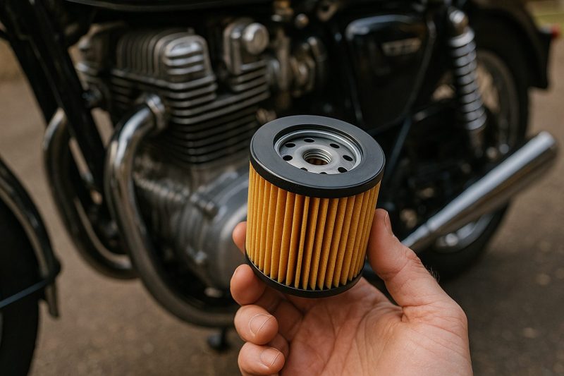 カワサキW1SAの前で、整備士が手に持つ円筒形のオイルフィルターをクローズアップで撮影したフォトリアルな16:9構図の写真。背景にはクラシックエンジンが柔らかくぼやけて映る。