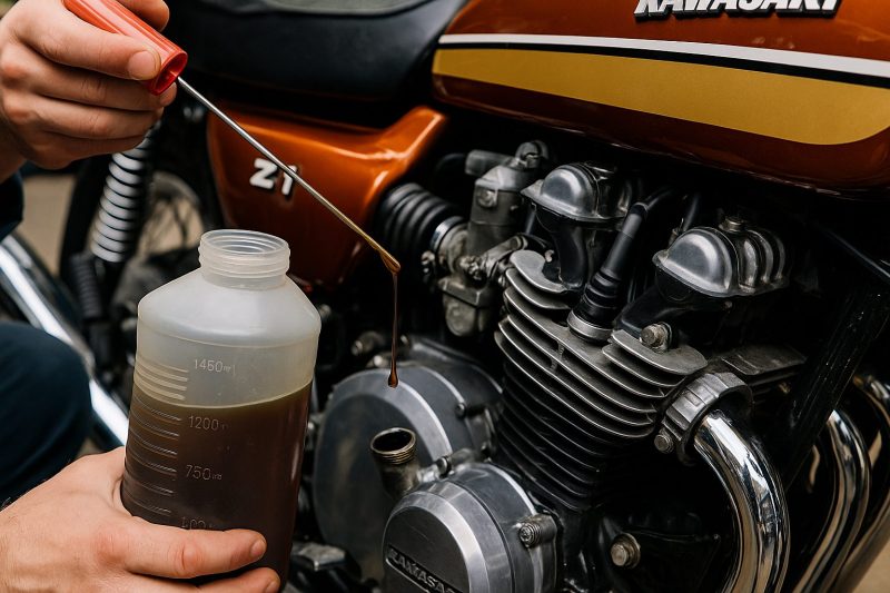 整備士がカワサキZ1のエンジン横でオイルの粘度を確認している様子を16:9構図でリアルに撮影した画像。ゴールドのオイル滴と金属質の輝きが印象的。