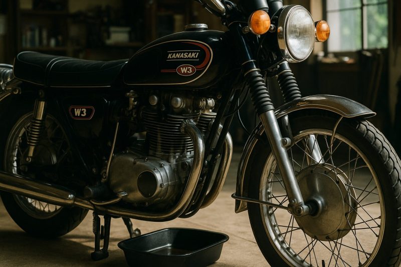 クラシックなカワサキW3のエンジン部分を中心に撮影し、金属の質感とオイル交換作業の様子をリアルに再現したガレージ内の横長16:9構図の写真