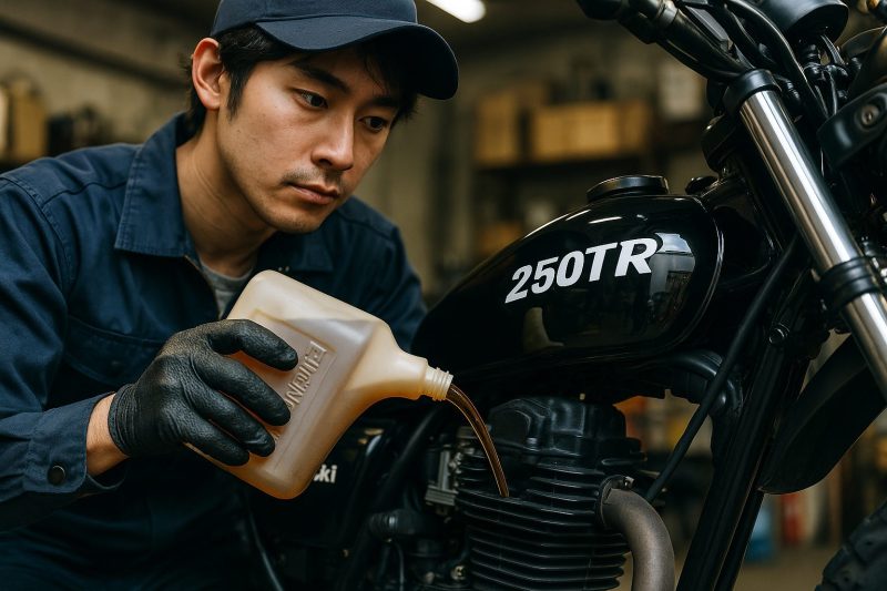 カワサキ250TRの前で日本人整備士がオイルを慎重に注いでいる様子を16:9構図でリアルに描写したフォトリアル画像。交換作業の正確さを象徴。