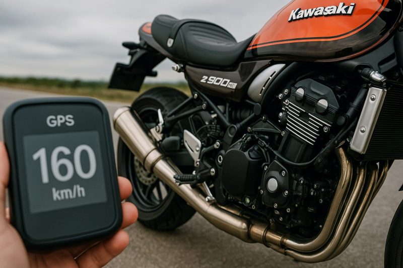 「Kawasaki Z900RSのオレンジとブラックの車体をクローズアップで撮影した1920×1080のフォトリアル画像。手前にはGPSメーターが160km/hを表示し、フルパワー仕様と国内仕様の性能差を象徴的に示している。」