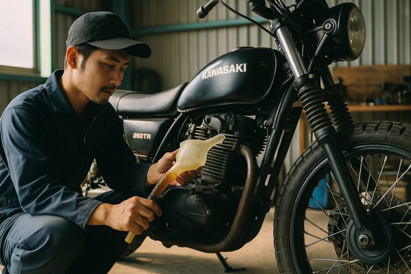カワサキ250TRのオイル交換を行う日本人整備士が、ガレージで慎重にオイルを注ぐ様子を16:9構図でリアルに表現したフォトリアル画像。