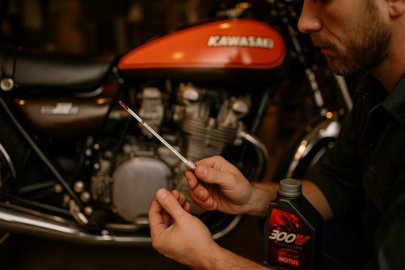 カワサキZ1の前で整備士がモチュール300Vのボトルを持ち、オイルレベルを確認している様子を16:9構図でリアルに撮影した画像。温かい光に包まれたガレージで信頼性と性能を表現。