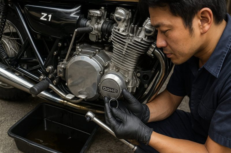 日本人整備士がカワサキZ1のエンジン付近でオイルの粘度と状態を確認している様子をリアルに表現した横長16:9構図の写真風画像。