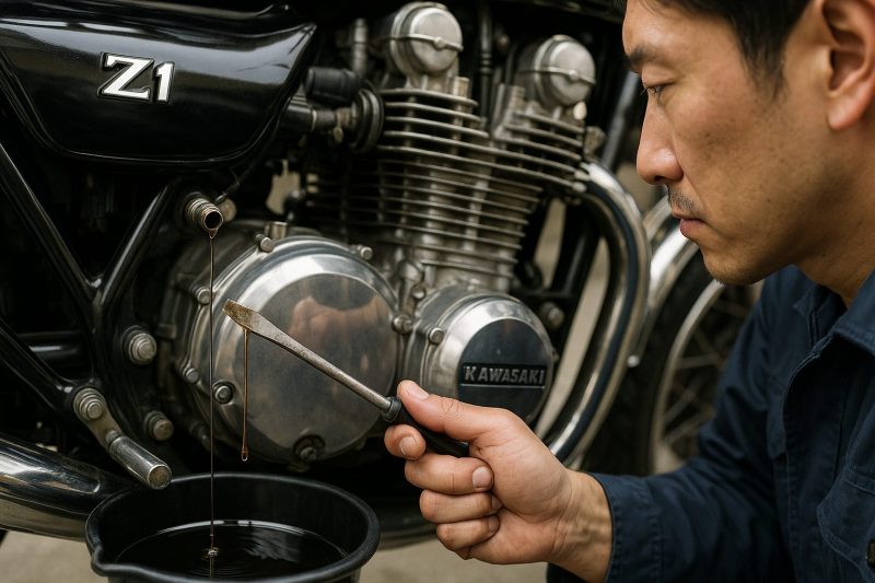 日本人整備士がカワサキZ1のエンジンから抜き取ったオイルの色と灰分を慎重に確認している様子をリアルに表現した横長16:9構図の写真風画像。
