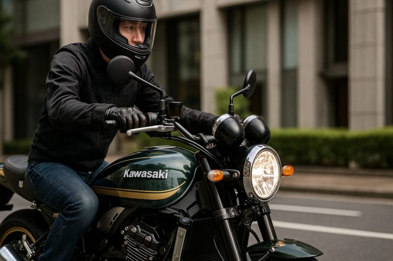 日本人ライダーがカワサキZ900RSに給油する瞬間を捉えたリアル写真風画像。清潔なガソリンスタンドのノズルと燃料タンクの輝きが、高品質燃料の重要性を象徴している。