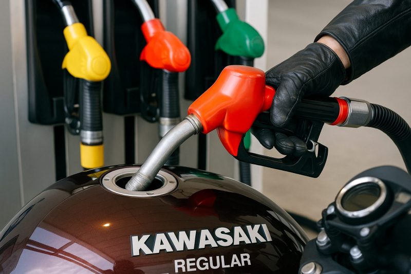 カワサキZ900RSの燃料タンクに給油ノズルを差し込むライダーの手元を捉えたリアル写真風画像。レギュラーとハイオクの違いを象徴するガソリンスタンドのカラーリングが印象
