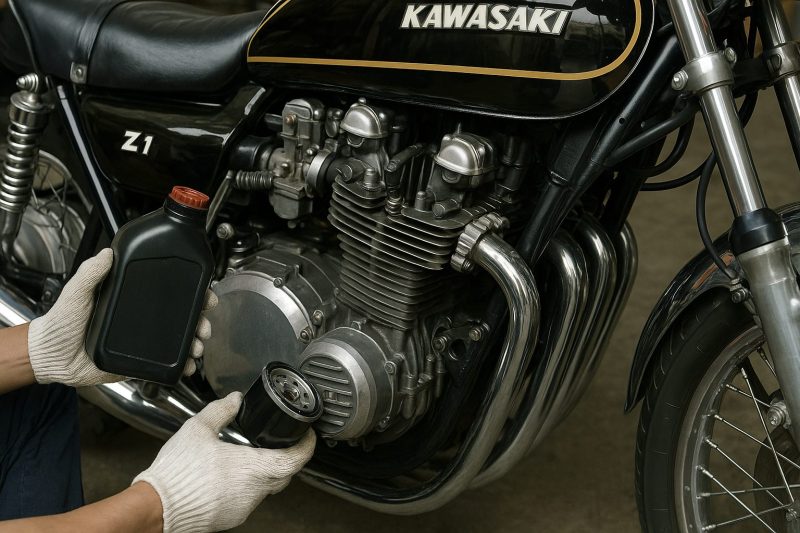 日本人整備士がカワサキZ1のエンジン下部でドレンボルトを確認し、オイル交換作業の準備を進めている様子をリアルに表現した横長16:9構図の写真風画像。